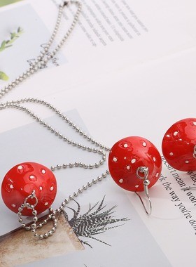 红色仿真蘑菇耳坠+项链