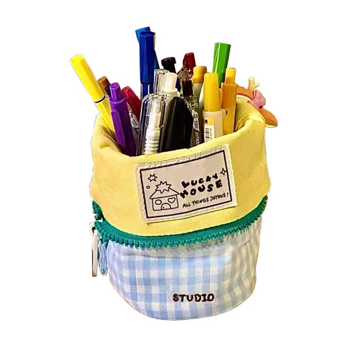 cupcake站立式笔袋大学生高颜值竖翻笔袋小红书日系简约女初中学生大容量帆布文具收纳盒卷圆形笔筒式铅笔袋 - 图3