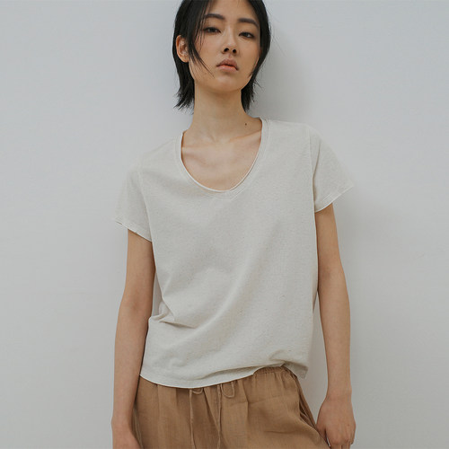 322WORKHOUSE纯色v领短袖t恤女2025新款夏季白色百搭棉麻上衣R633 - 图2