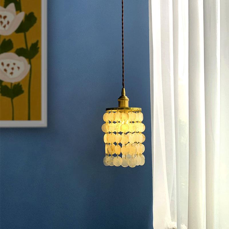 日式复古贝壳风铃小吊灯吧台民宿铜灯衣帽间过道卧室床头黄铜灯具 - 图1