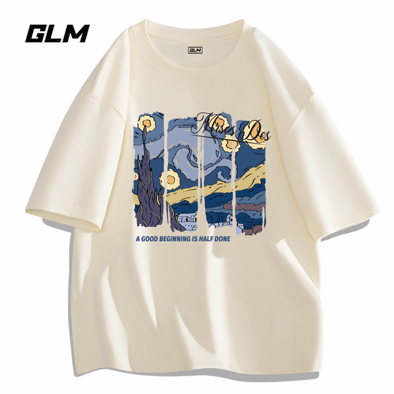 GLM夏季新款白色短袖t恤男生重磅纯棉学生宽松印花圆领潮流半袖男-图1