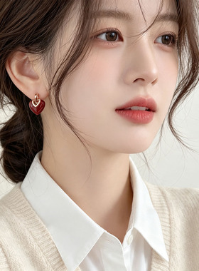 新年红滴釉心形耳钉女