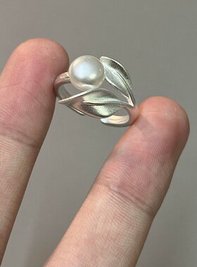 超仙磨砂拉丝仿珍珠树叶戒指极简