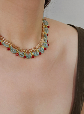 新中式蕾丝红蓝撞色串珠项链女款