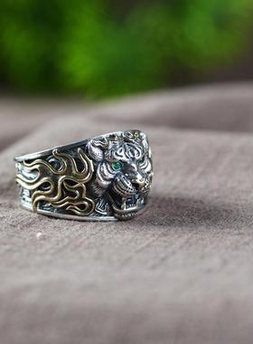 网红S925银复古做旧泰银跨境饰品银戒指赤焰纹银老虎男款戒