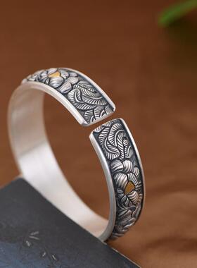 网红 足银手镯 典雅气质宽版银镯子手工簪花厚实女款银手环
