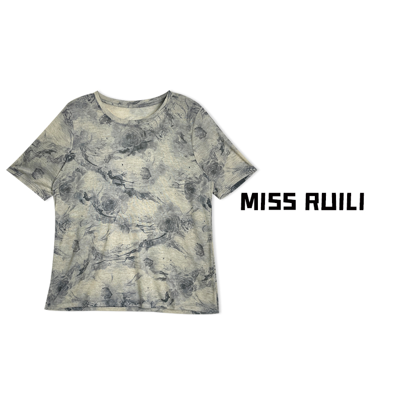 MISS RUILI定制 夏季新款国风扎染水墨画天丝短袖T恤A7131 - 图0