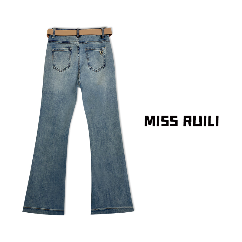 MISS RUILI定制 韩版高腰时尚字母V刺绣百搭微喇牛仔裤A7037 - 图0