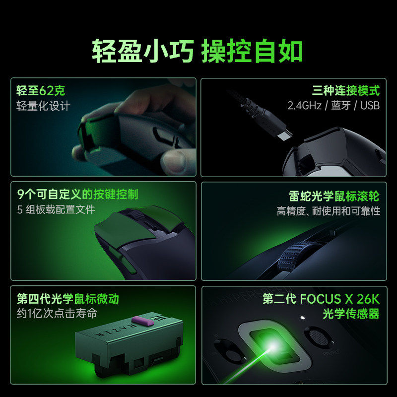 Razer雷蛇眼镜蛇极速版三模无线轻量化RGB幻彩电竞中小手游戏鼠标