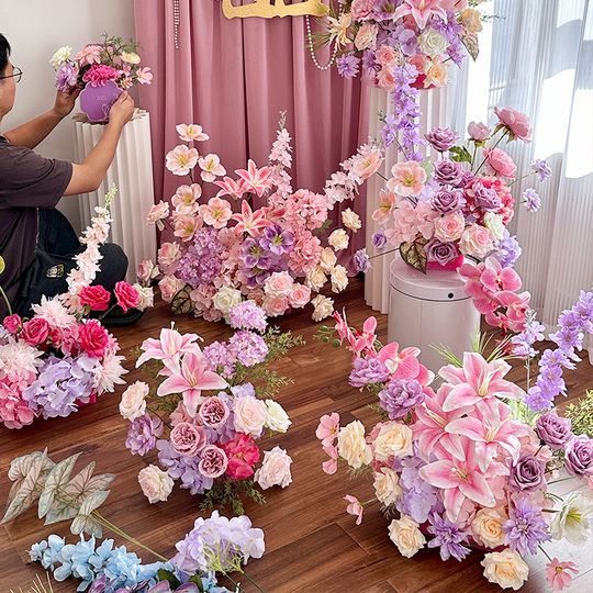 结婚装饰仿真花地排路引订婚礼场景布置餐桌浪漫花艺花束插花摆件