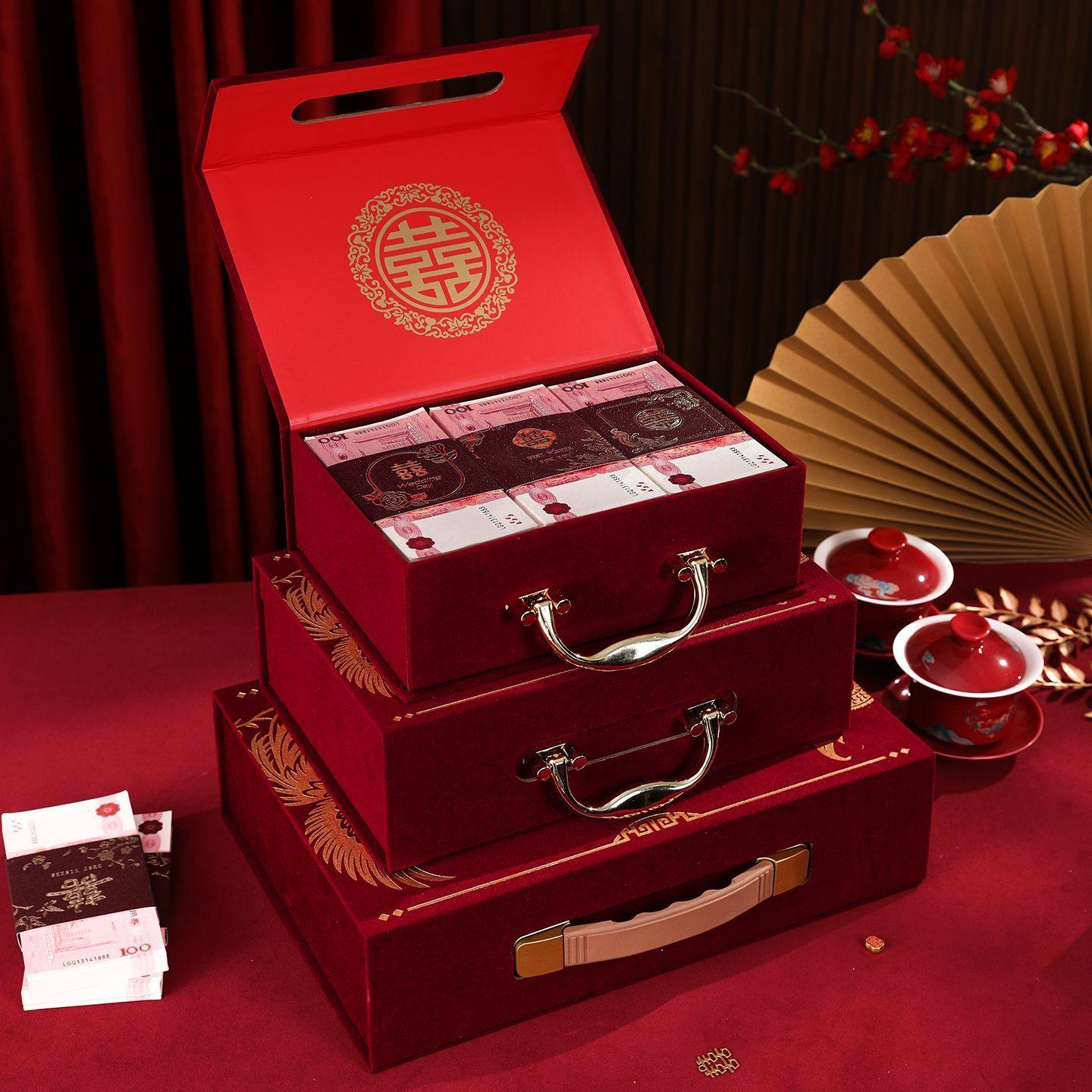 高档礼金盒钱盒箱子喜庆绒布装聘礼箱子彩礼现金礼盒订婚结婚定亲,淘宝优惠券,粉丝福利购,淘宝优惠卷