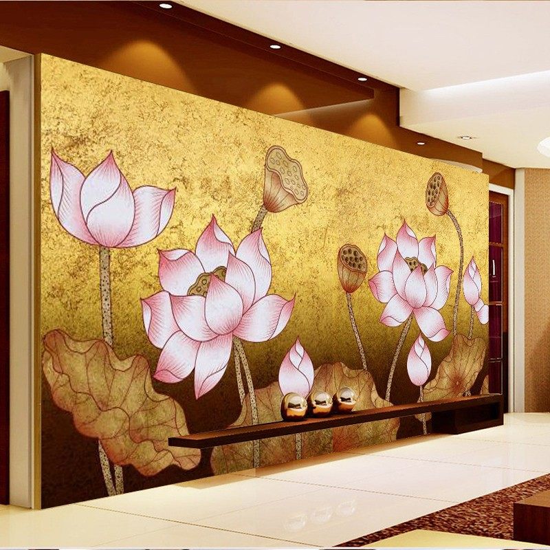金箔荷花壁纸佛家文化墙贴客厅电视背景壁画金色莲花寺庙佛堂墙纸,淘宝优惠券,粉丝福利购,淘宝优惠卷