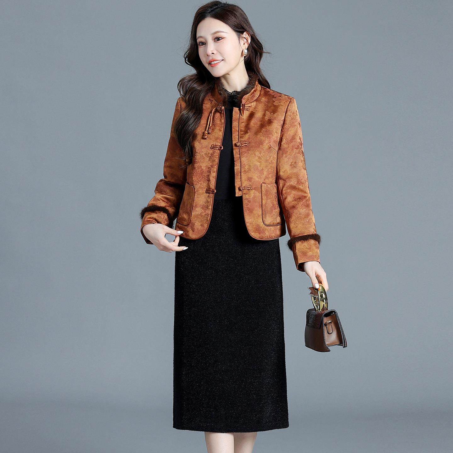 新中式提花唐装棉衣貂绒连衣裙套裙时尚套装国风棉袄裙子两件套 - 图2