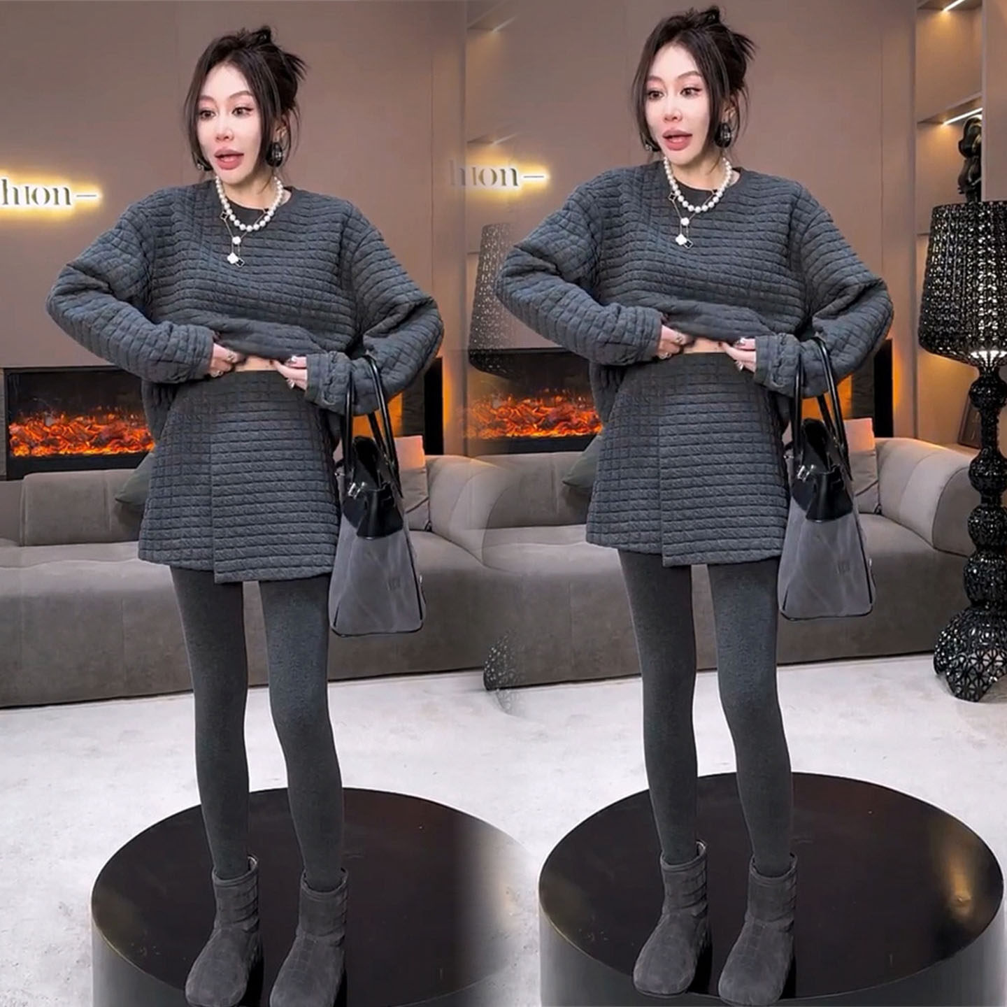 欧货格子时尚套装女2055冬季洋气休闲韩版高级感卫衣半身裙两件套,淘宝优惠券,粉丝福利购,淘宝优惠卷