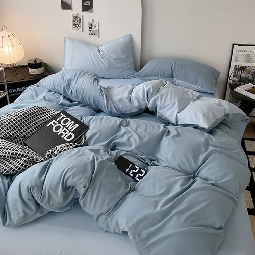 A类纯棉水洗棉床上四件套纯色简约轻奢学生宿舍床单被罩三件套 - 图2