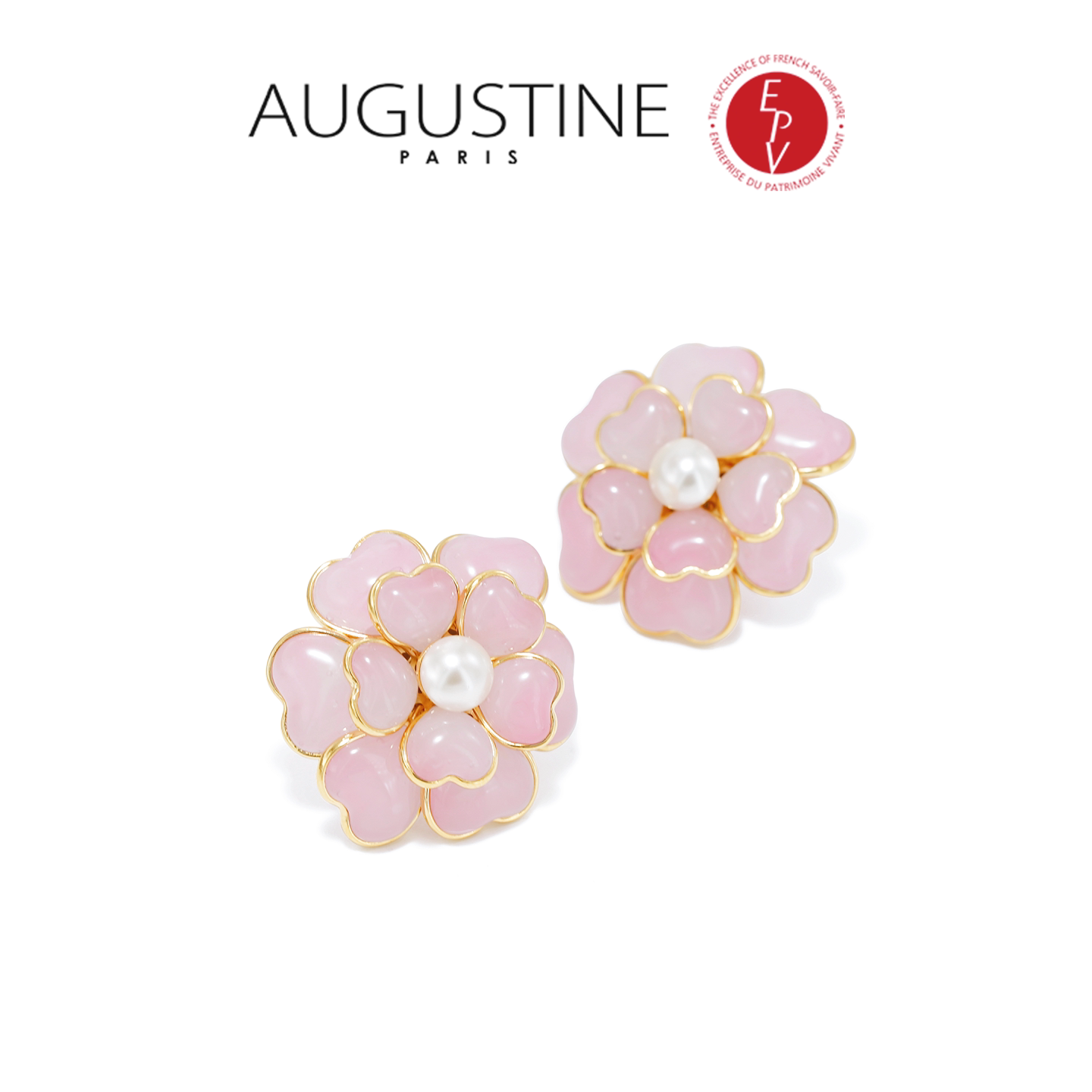 Augustine Paris ancient glazed pink camellia necklace, earrings and ring set