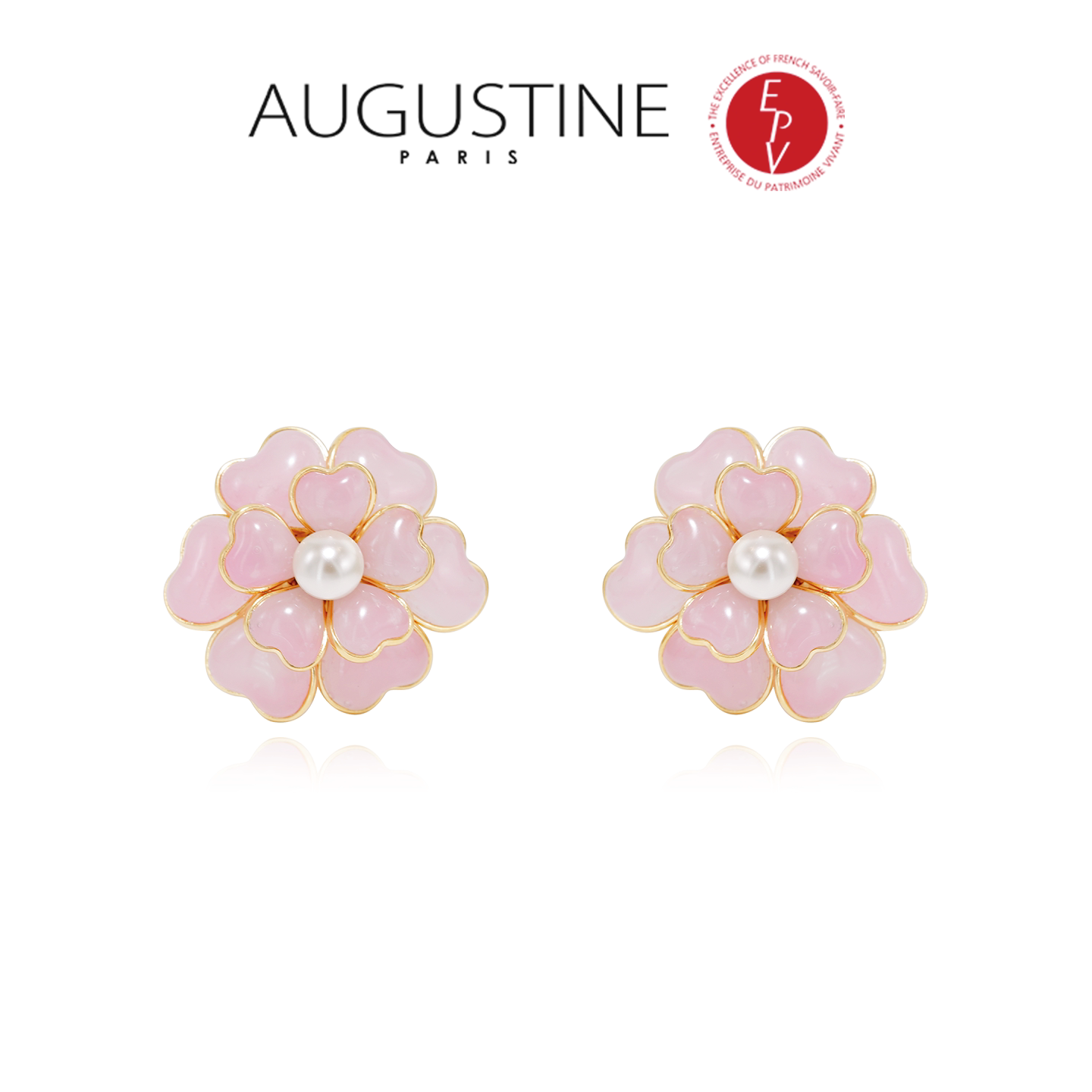 Augustine Paris ancient glazed pink camellia necklace, earrings and ring set