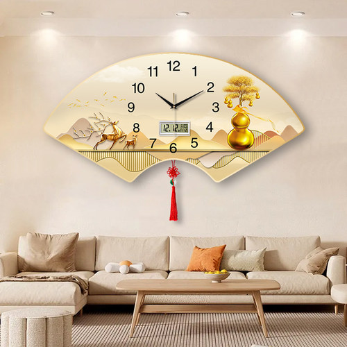 扇形装饰画客厅挂钟日历中国结家用钟表静音石英简约国风挂墙时钟 - 图3