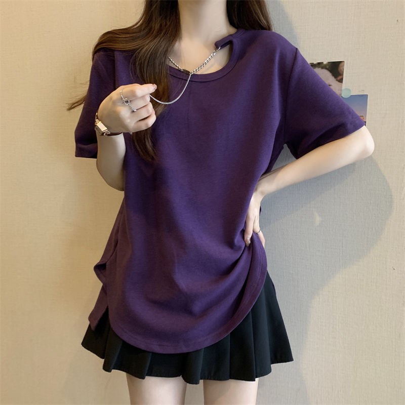 短袖T恤女夏季2025新款宽松显瘦百搭中长款大码设计感打底衫上衣 - 图1
