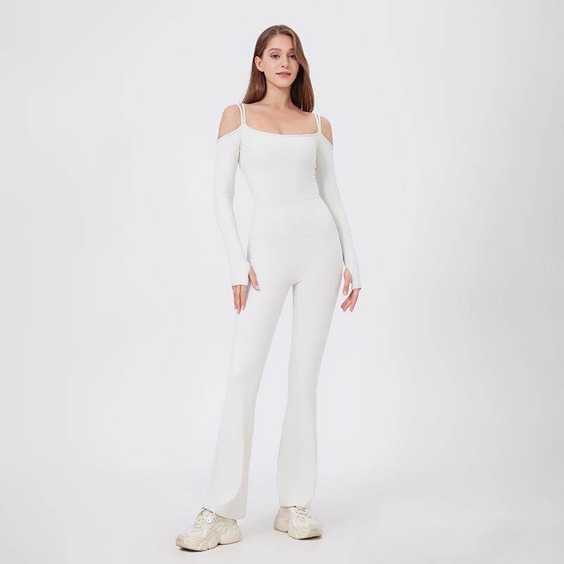 秋冬新款紧身裸感带胸垫瑜伽服长袖露肩运动健身跑步连体喇叭裤,淘宝优惠券,粉丝福利购,淘宝优惠卷