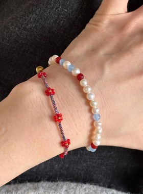 日本品质手作精致编织多层链条红宝石简约叠戴红玛瑙天然淡水珍珠