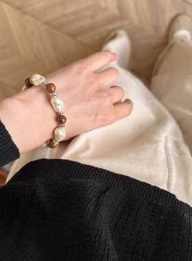 日本品质复古美拉德新中式人造巴洛克珍珠天然纹木石间隔手串百搭