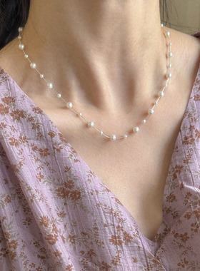 日本品质夏季满天星渐变正圆白色珍珠项链S925通体纯银简约百搭个