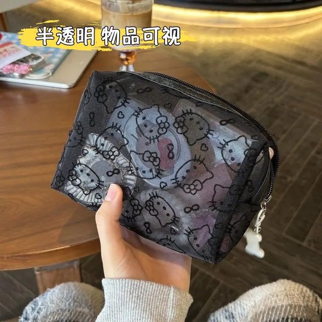 Cute kitty mesh makeup bag daily use portable data cable debris storage bag portable small clutch bag