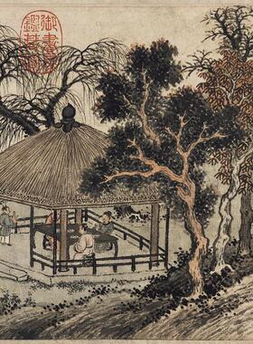 明沈周盆菊幽赏图复古字画作品横