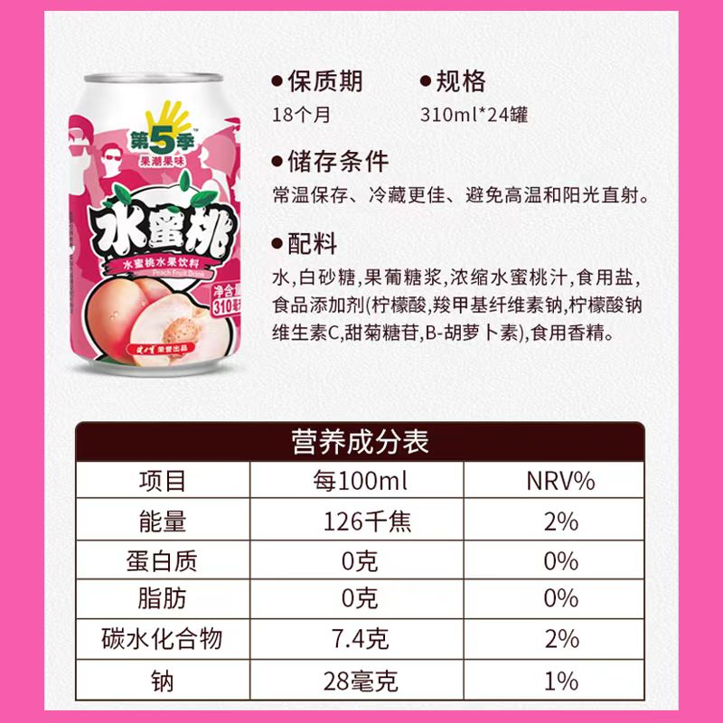 健力宝第五季310ml*24水蜜桃味果饮料汁饮料听装饮品拉罐装整箱 - 图3