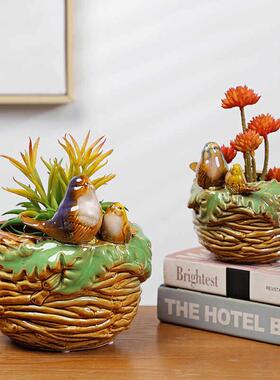 创意家居彩色釉小鸟鸟巢收纳笔筒多肉植物盆花盆高温陶瓷装饰摆设