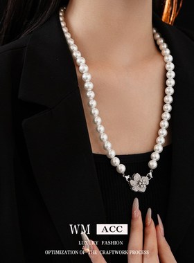 锆石花朵人造珍珠款项链时尚轻奢百搭毛衣链气质高级感复古项饰女