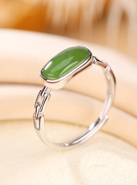 纯银s925纯银镀金和田玉碧玉椭圆戒指复古新中式简约百搭银