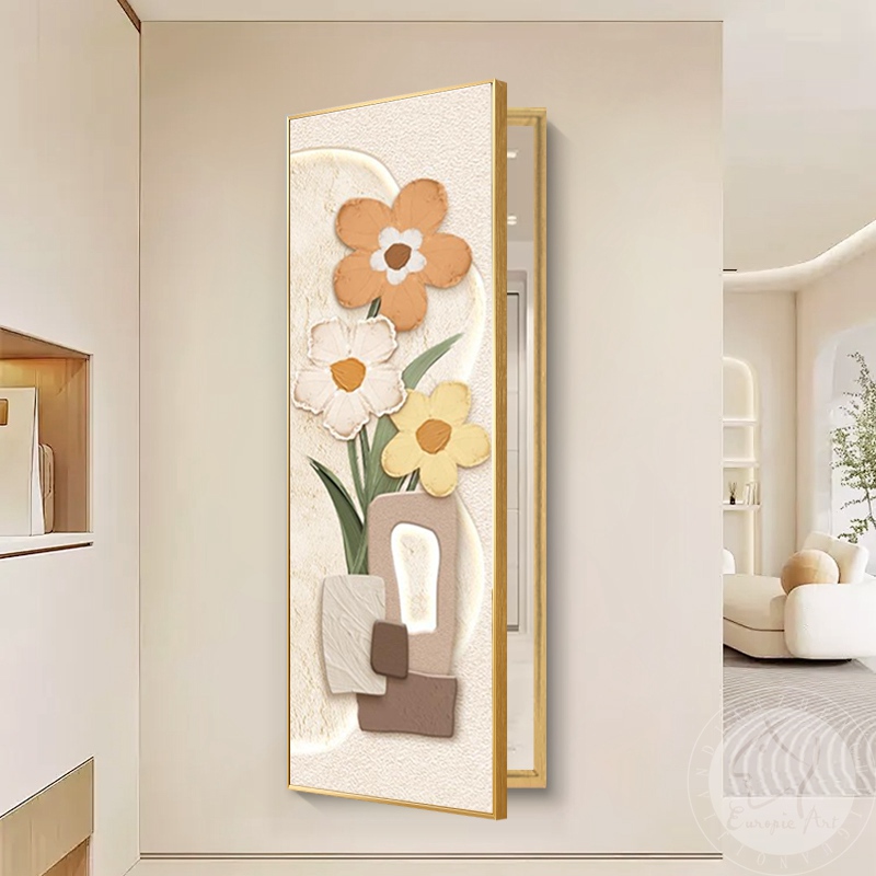 奶油风隐藏式全身镜装饰画翻开式穿衣镜子可关闭推拉玄关上墙壁画 - 图1