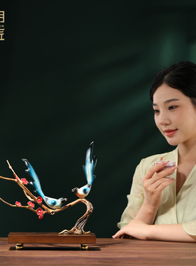 大明铜匠双喜临门喜鹊摆件客厅玄关装饰品乔迁新居结婚礼物送新人