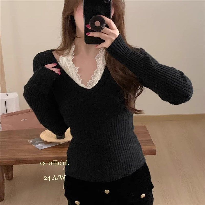 2024秋冬V领挂脖针织衫女假两件蕾丝内搭毛衣设计感小众打底上衣,淘宝优惠券,粉丝福利购,淘宝优惠卷