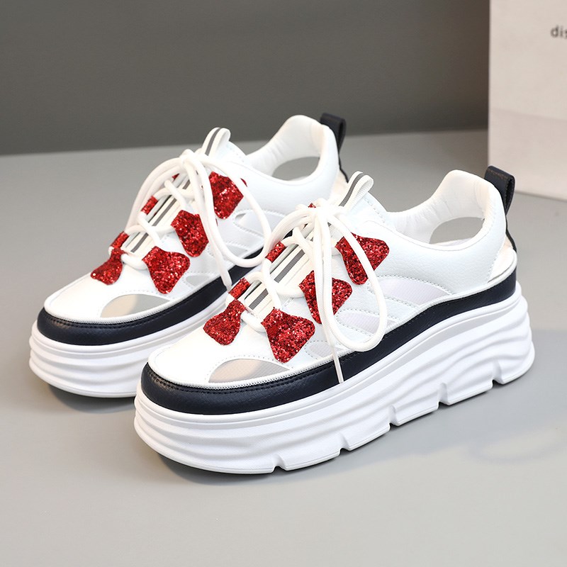 Large size 41 to 43 small white shoes women's shoes summer u hollow wedge heel inner heighten sneakers showing feet small holes Baotou cool
