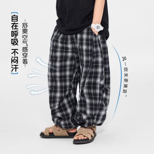 派町童装男童裤子儿童复古格纹束脚裤2026夏季新款大童百搭防蚊裤 - 图0