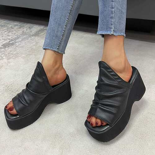 women shoes女夏新款松糕厚底一字褶皱大码鱼嘴凉拖外贸女拖2024 - 图2