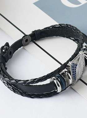 动漫进击的巨人调查兵团徽章自由之翼编织牛皮手链复古多层手环