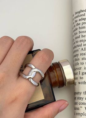 几何交叉双环戒指ins线条个性重工轻奢高级感气质百搭不掉色指环