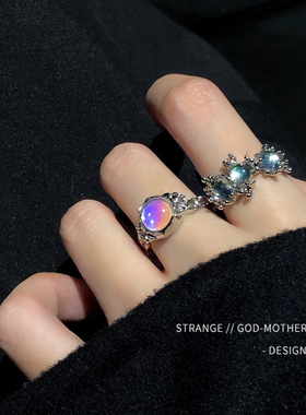 三件套水晶宝石戒指女ins潮小众设计高级感开口中指戴欧泊月光石