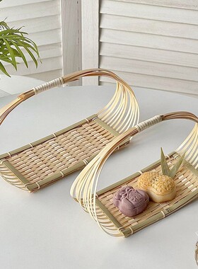 竹编点心桌面茶点水果篮子提手手工托盘多层糕点提篮迷你创意竹篮