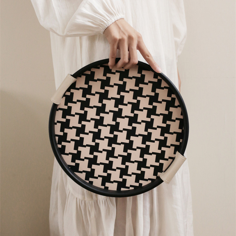 CMYD原创设计中古千鸟格圆形旋转双耳托盘首饰香薰收纳盘送礼摆件,淘宝优惠券,粉丝福利购,淘宝优惠卷