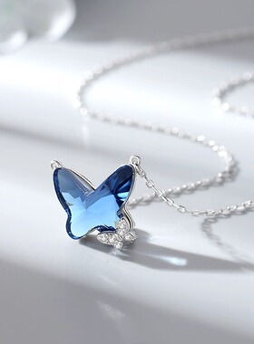小众S925双层蓝色水晶蝴蝶项链女