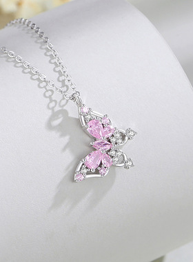 S925银粉色锆石蝴蝶吊坠锁骨链女