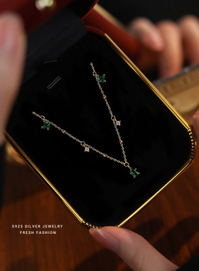 锁骨链s925银小众百搭项链女绿色小方块水滴形锆石简约颈链9-7v