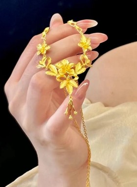 新中式繁花似锦花朵黄金色项链