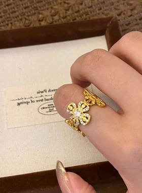 十字金刚杵沙金戒指新中式中古开口爆闪满钻轻奢高级感指环重工