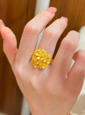 沙金繁花绣球戒指仿真黄金大花结婚真黄金首饰开口可调节指环女